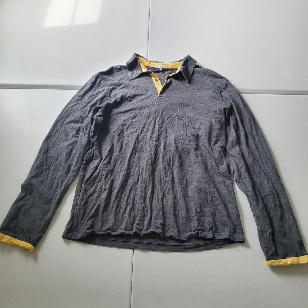James Perse Polo Shirt Mens 3 Large Gray Long Sleeve Cotton Contrast Trim USA
